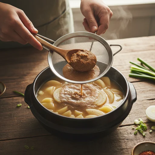 집밥의 정석: 구수하고 깊은 맛, 실패 없는 된장찌개 황금 레시피! 된장 풀기 및 재료 넣기