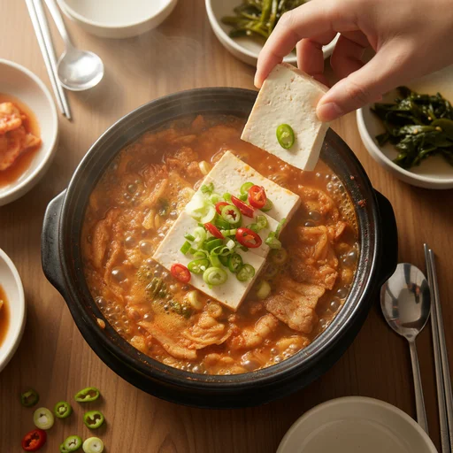 두부, 파, 고추 넣고 마무리: 풍미 더하기